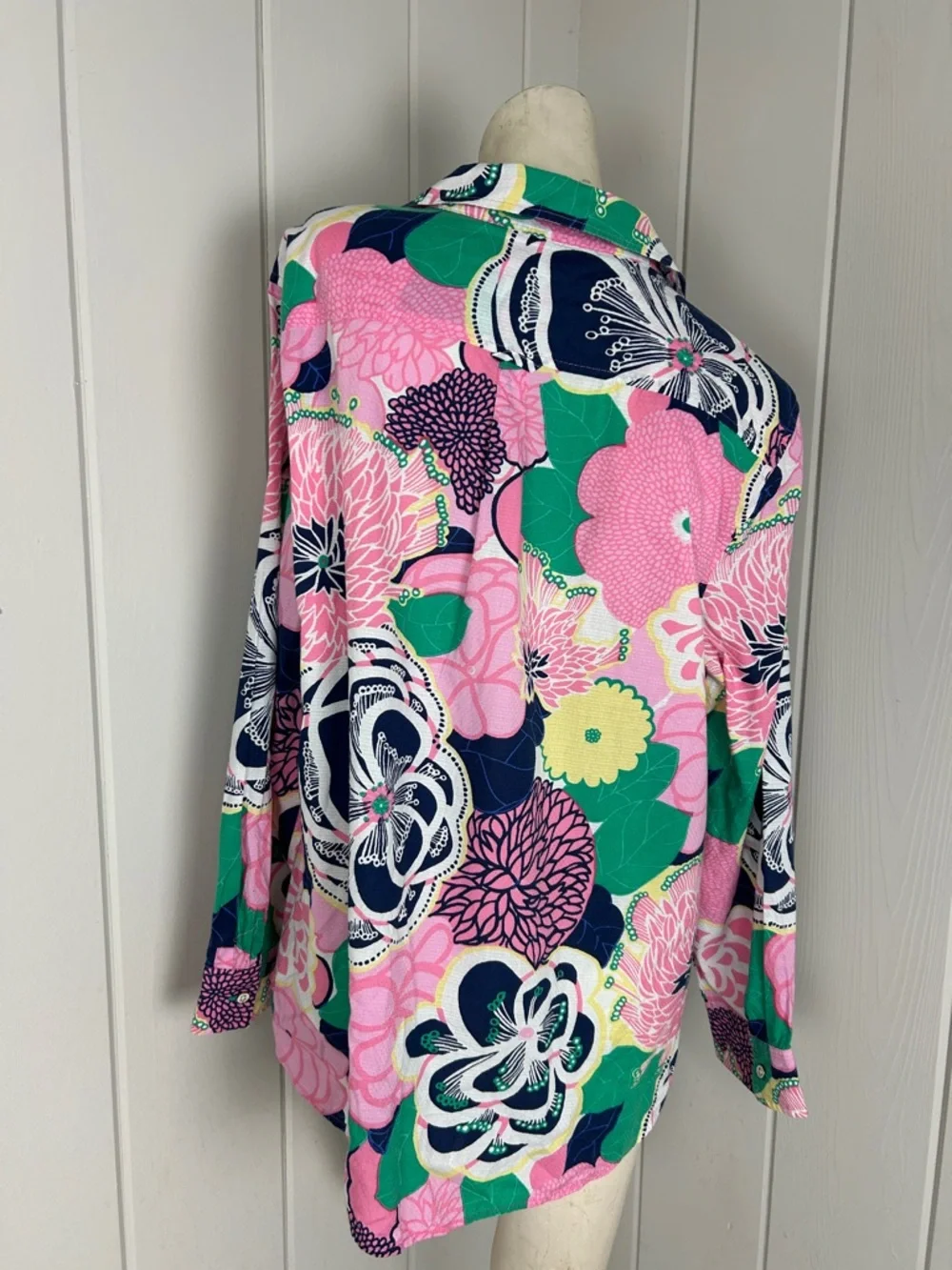 Talbots Floral Tunic Top Pink Blue Green Button Front Cotton Boho Preppy XL - Picture 4 of 10